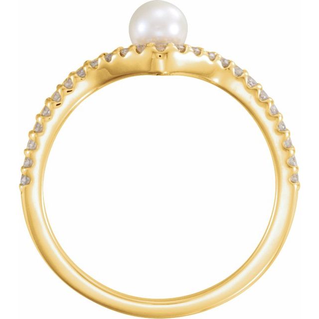 14K Yellow Gold 4.0-4.5 Mm Polished Cultured White Freshwater Pearl And 1/6 Ctw Natural Diamond Ring, Size 7