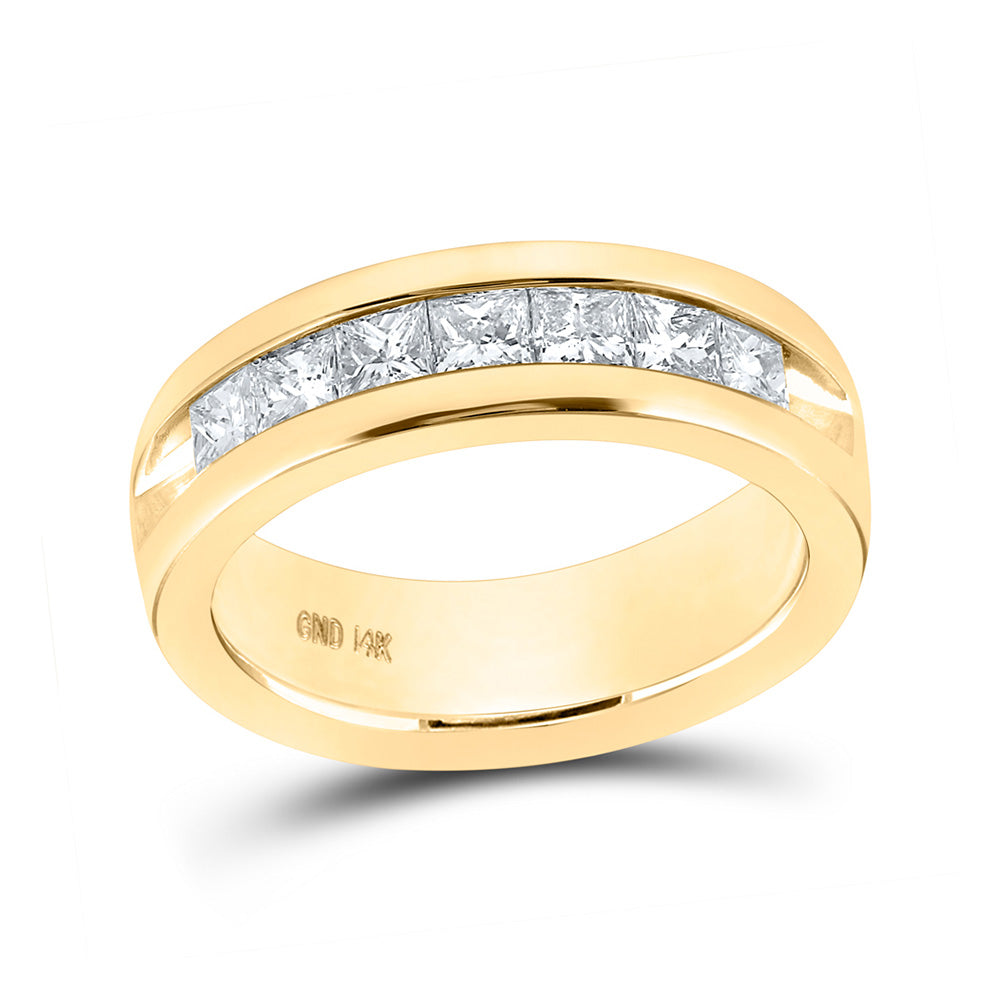 14K Yellow Gold Mens Princess Diamond Wedding Single Row Band Ring 1-1/2 Cttw, Mens Size: 7-13