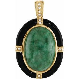 14K Yellow Gold Oval 20 X 14Mm G-H I1 Natural Russian Jadite Natural Onyx And .05 Ctw Natural Diamond Pendant