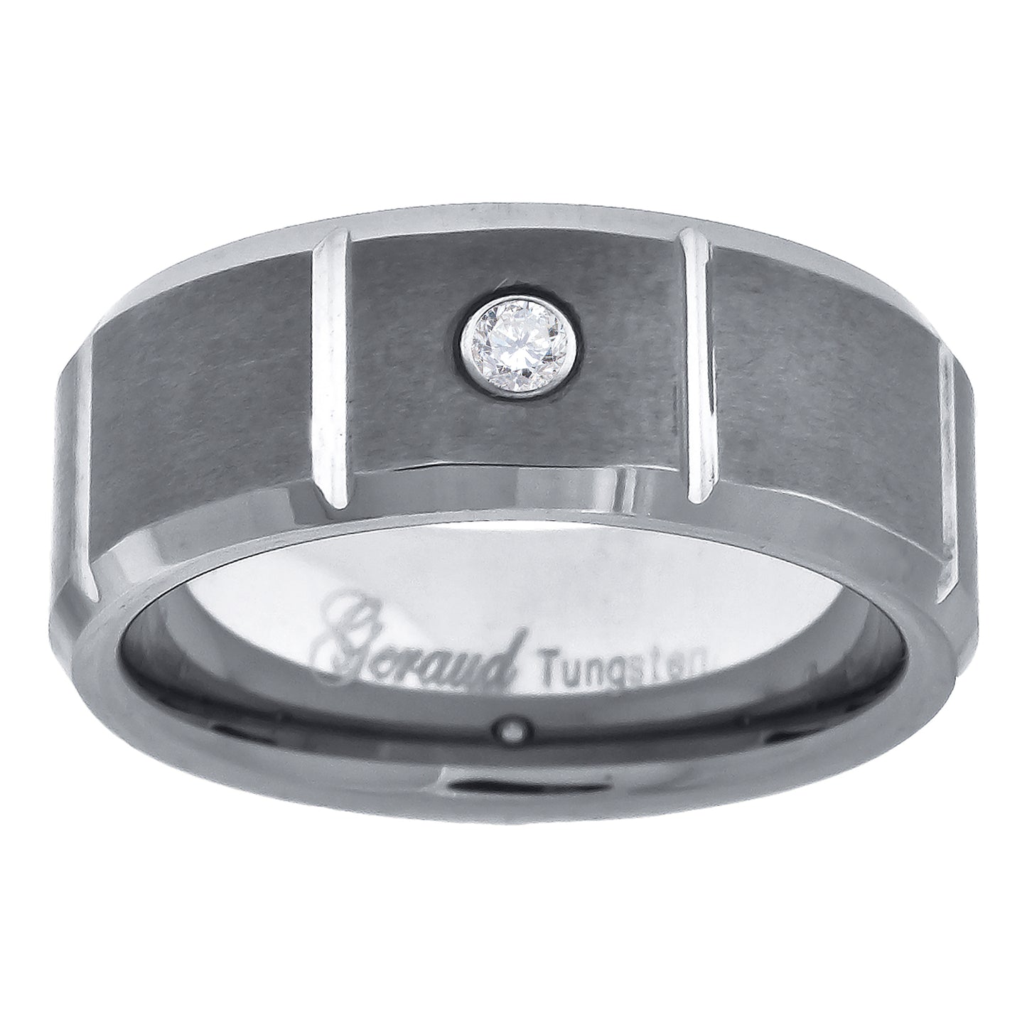 Tungsten Center Brushed Grooved Cubic Zirconia Mens Comfort-fit 8mm Size-7-14 Bridal Anniversary Engagement Wedding Band