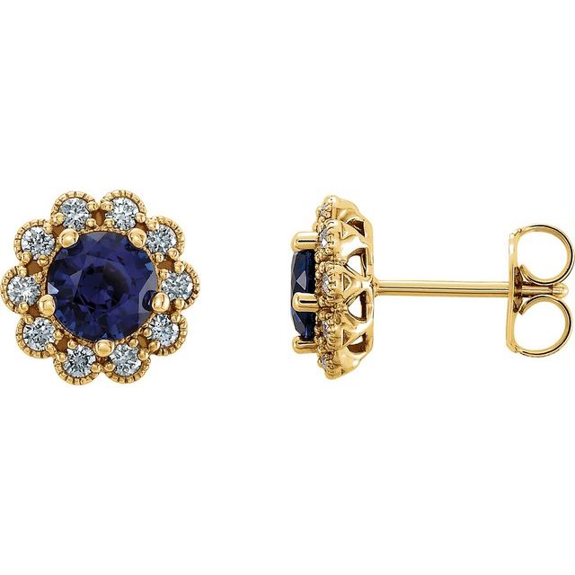 14K Yellow Gold 5 Mm Round Friction Back Polished Lab-Grown Blue Sapphire And 1/4 Ctw Natural Diamond Earrings