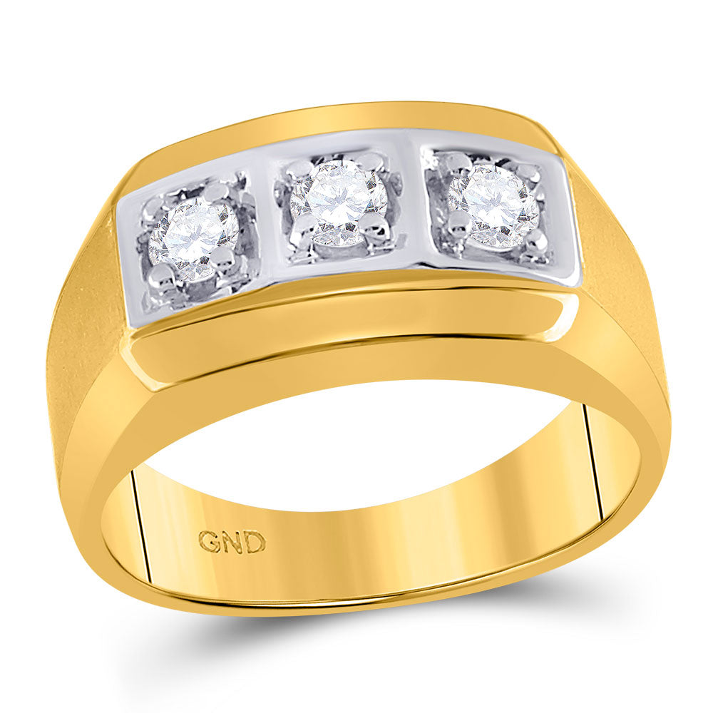 14K Yellow Gold Mens Round Diamond 3-stone Fashion Band Ring 1/2 Cttw, Mens Size: 7-13