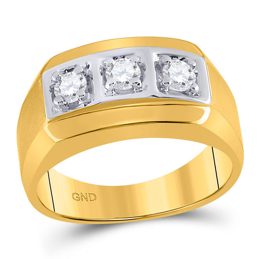 14K Yellow Gold Mens Round Diamond 3-stone Fashion Band Ring 1/2 Cttw, Mens Size: 7-13