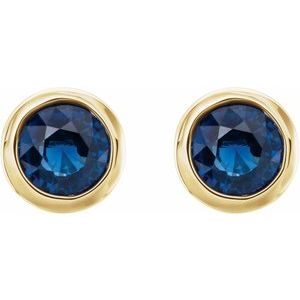 14K Yellow Gold Round Shape 4 Mm Natural Blue Sapphire Bezel Earrings With Backs