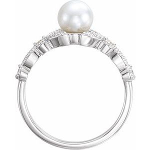 Sterling Silver Cultured White Freshwater Pearl & 1/10 CTW Natural Diamond Leaf Ring Size 7