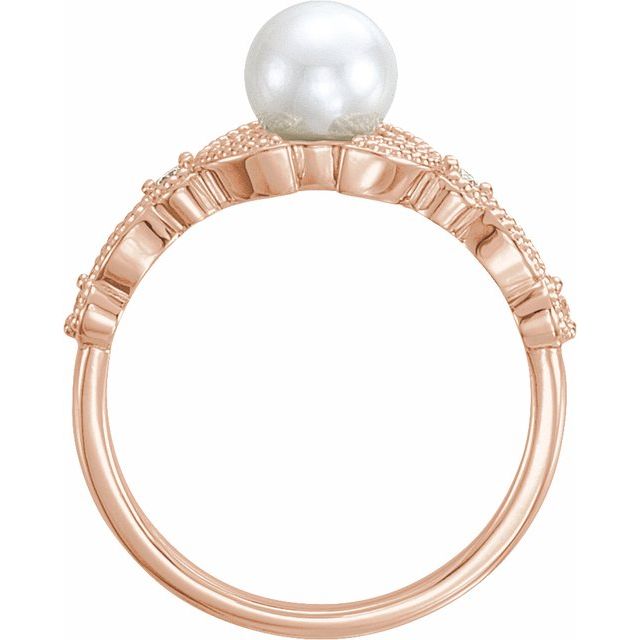 14K White Or Yellow Or Rose Gold 6.0-6.5 Mm Polished Cultured White Freshwater Pearl And 1/10 Ctw Natural Diamond Ring, Size 7