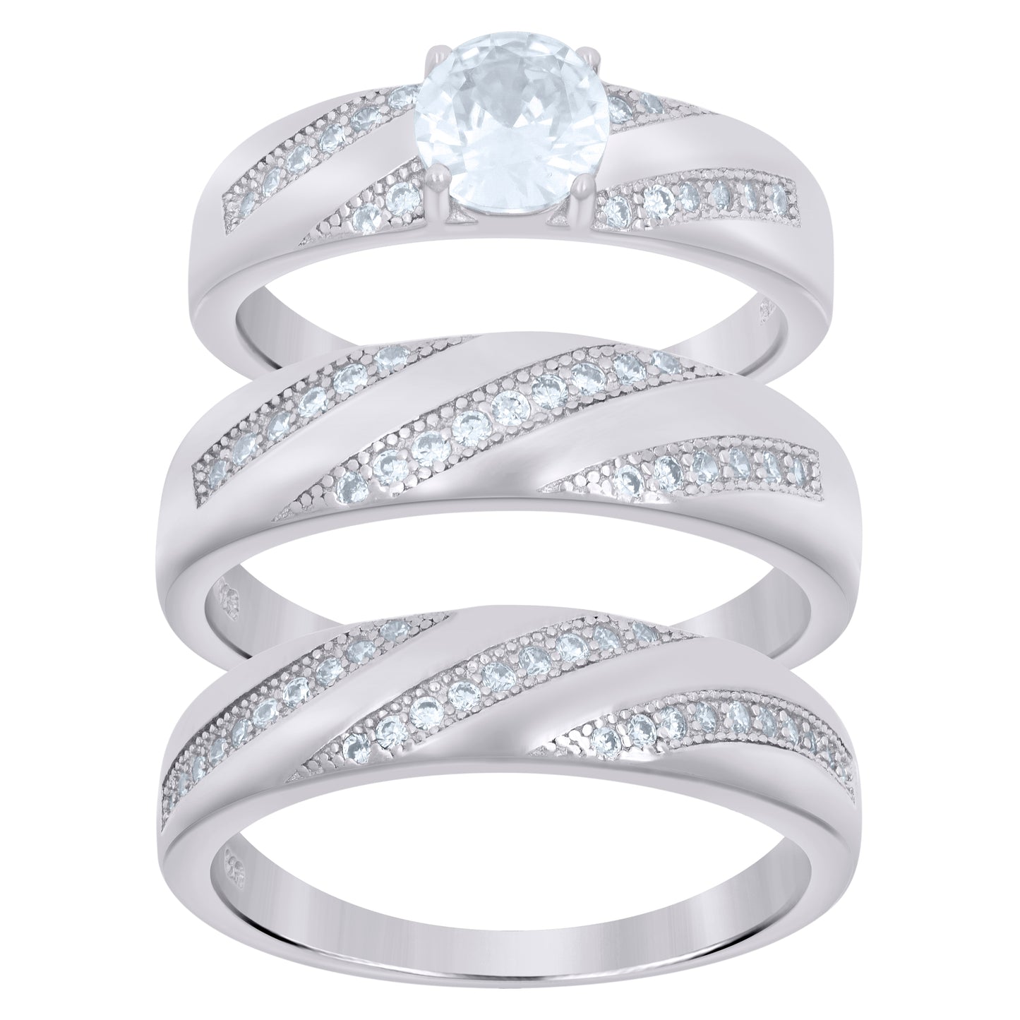 Sterling Silver Cubic Zirconia Trio Bridal Anniversary Wedding Engagement Band Ring Set