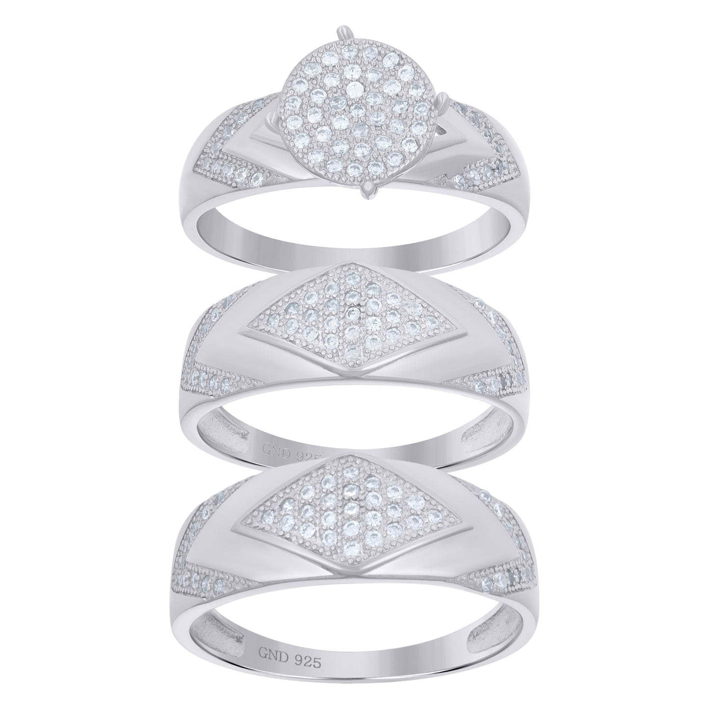 Sterling Silver Cubic Zirconia Trio Sizes 6 To 11 Cluster Matching Bridal Anniversary Engagement Wedding Ring Band