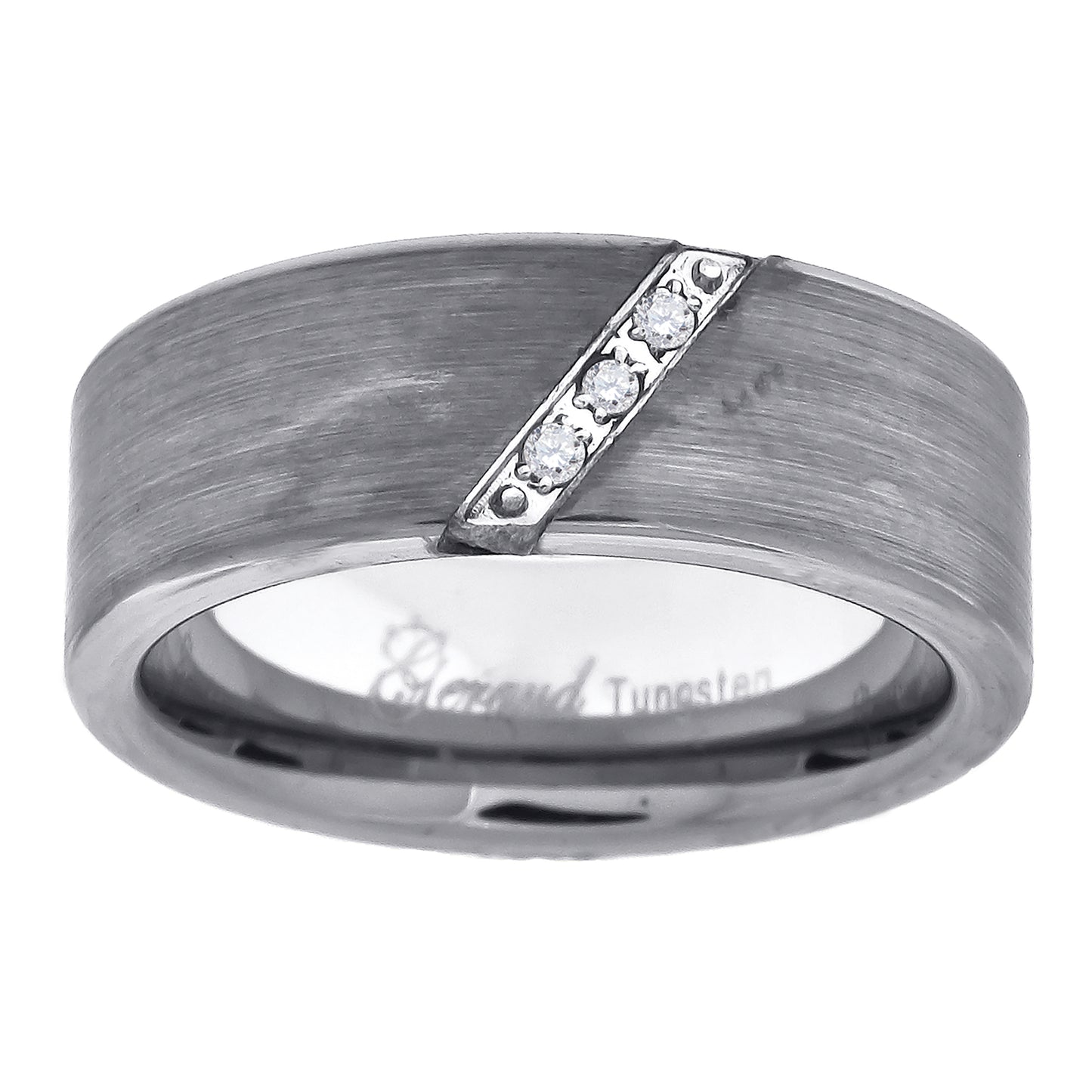 Tungsten Brushed Diagonal Cubic Zirconia Line Mens Comfort-fit 8mm Size-7-14 Bridal Anniversary Engagement Wedding Band
