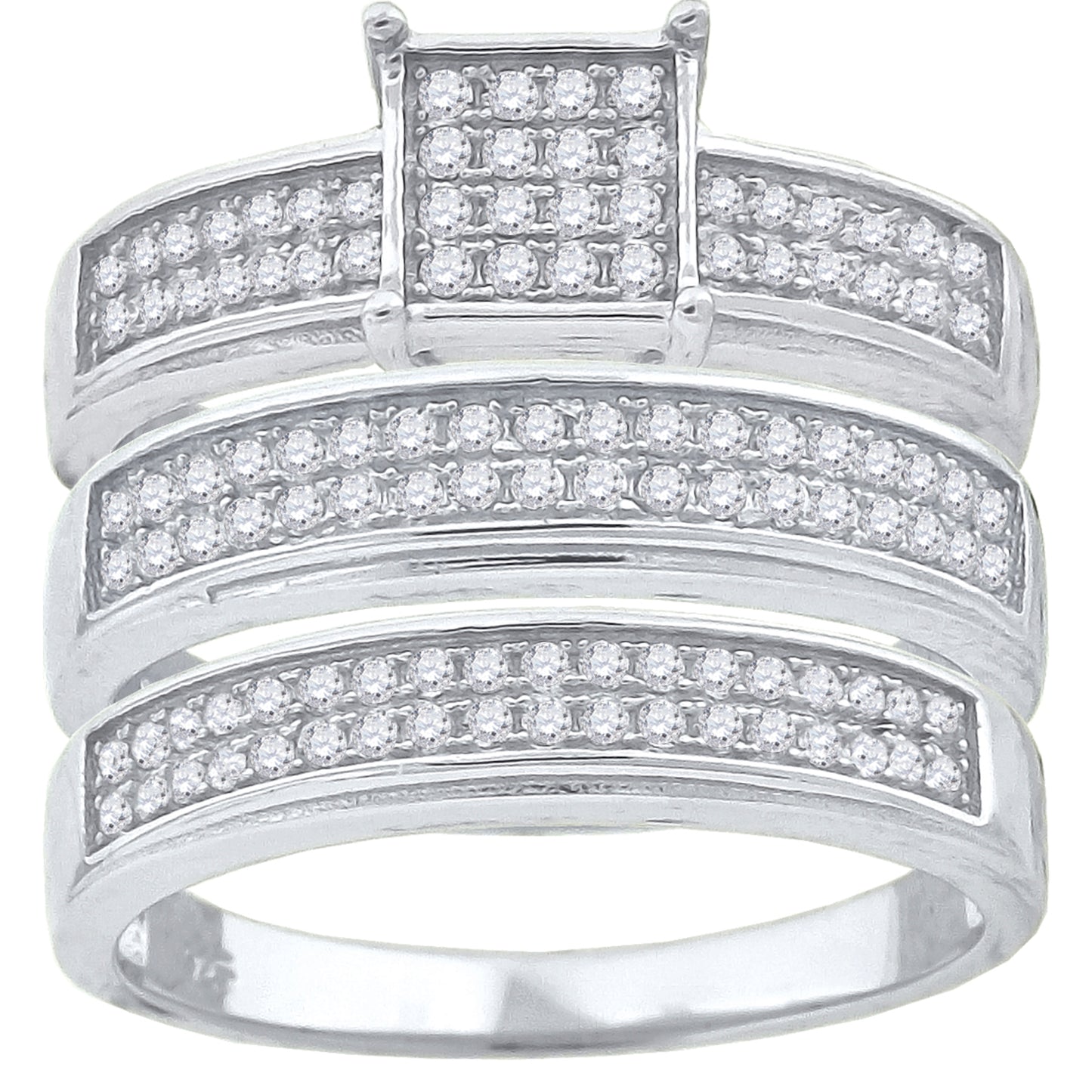 Sterling Silver Cubic-Zirconia Square Head Trio Bridal Anniversary Wedding Engagement Band Ring Set