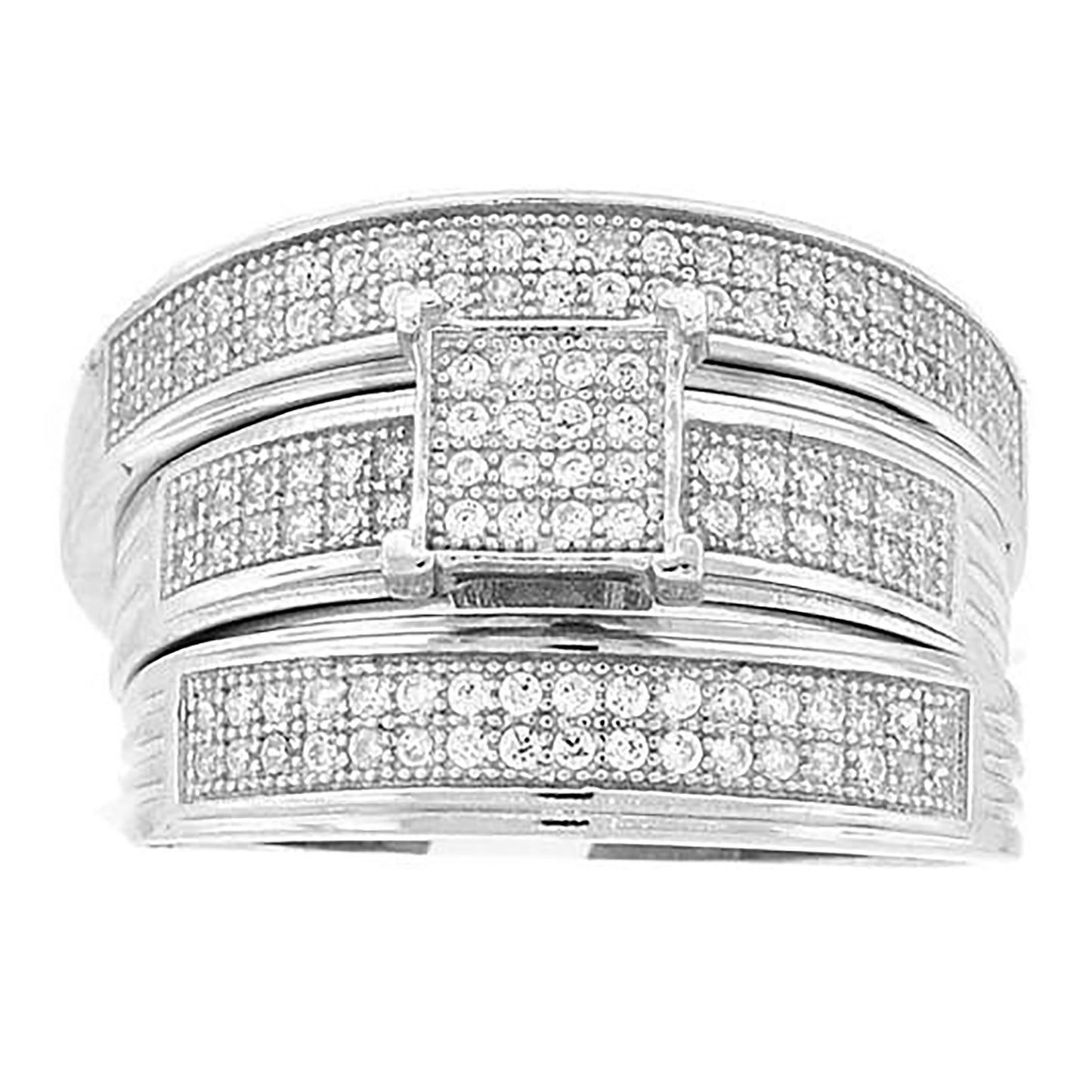 Sterling Silver Cubic-Zirconia Square Head Trio Bridal Anniversary Wedding Engagement Band Ring Set