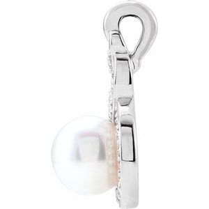 Sterling Silver Pearl 6.5Mm G-H I1 Cultured White Akoya Pearl And 1/10 Ctw Natural Diamond Pendant