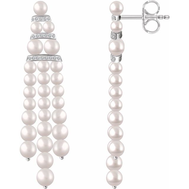 14K White Gold Pair Friction Back Polished Cultured White Freshwater Pearl And 1/4 Ctw Natural Diamond Earrings