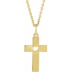 14K Yellow Gold 14 X 9 Mm 15 In Polished Youth Heart Cross Necklace