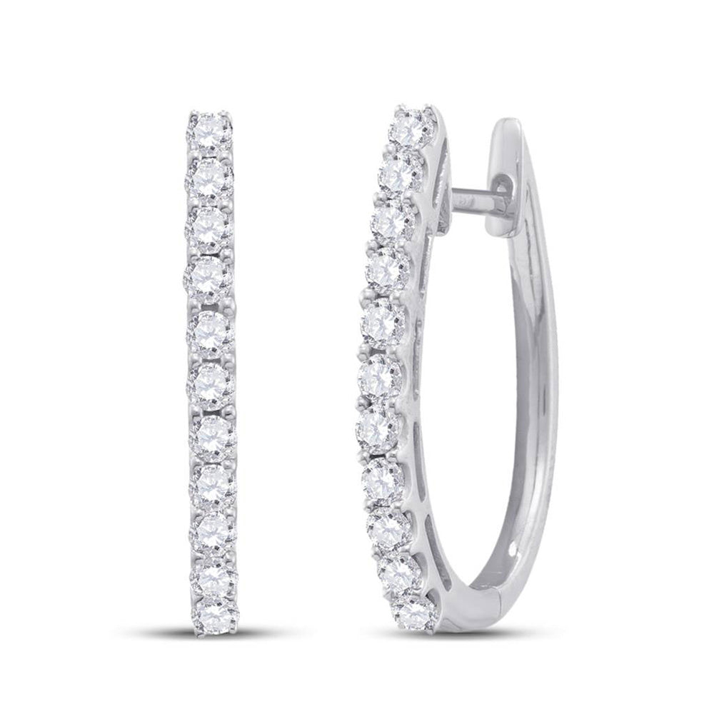 14K White Gold Womens Round Diamond Single Row Hoop Earrings 1 Cttw