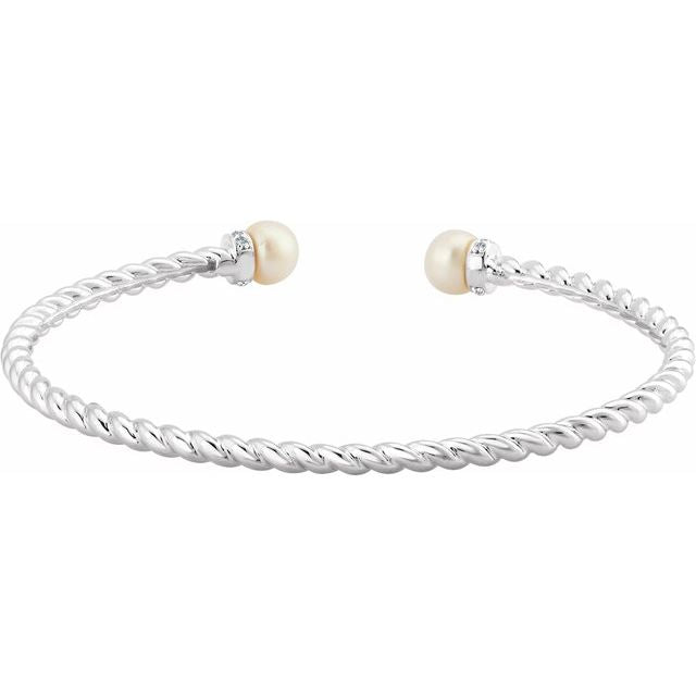 14K White Gold I1, H-I 7 In Polished Cultured White Freshwater Pearl And 1/10 Ctw Natural Diamond Cuff Bracelet