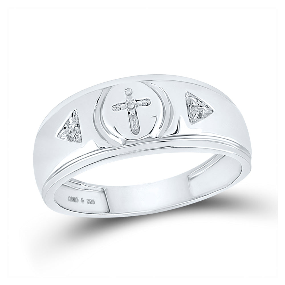 Sterling Silver Mens Round Diamond Cross Wedding Band Ring 1/20 Cttw