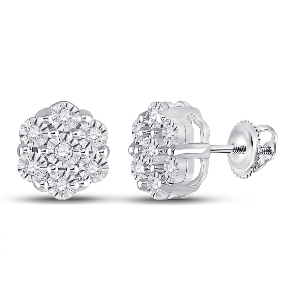 10K White Gold Womens Round Diamond Flower Cluster Earrings 1/10 Cttw, Length: 0.29 In, Width: 0.29 In