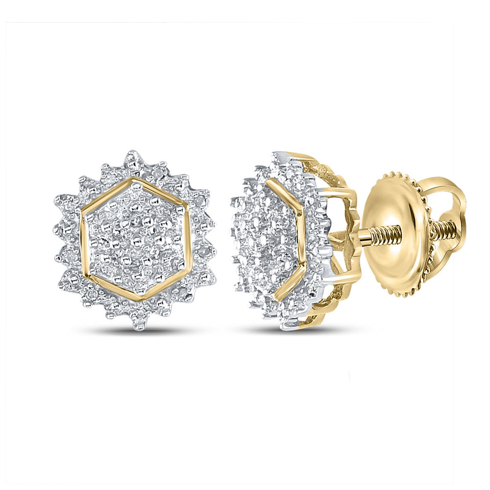 Sterling Silver Or Yellow-Tone Sterling Silver Womens Round Diamond Hexagon Earrings 1/10 Cttw