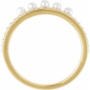 14K Yellow Gold Cultured White Freshwater Pearl & 2 Mm 1/5 CTW Natural Diamond Stackable Ring   Size 7