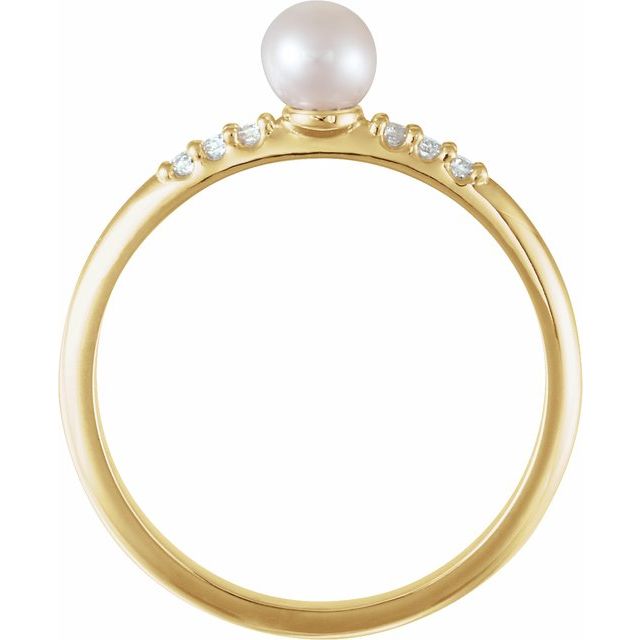 14K Yellow Gold 4.0-4.5 Mm Polished Cultured White Freshwater Pearl And .05 Ctw Natural Diamond Stackable Ring, Size 7