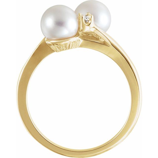 14K Yellow Gold 6 Mm Polished Cultured White Akoya Pearl And .06 Ctw Natural Diamond Ring, Size 6