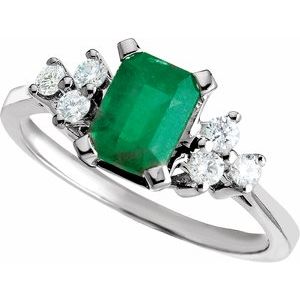 14K White Gold Emerald 7 X 5 Mm Polished Natural Emerald And 1/6 Ctw Natural Diamond Ring Size 6