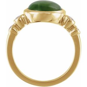 14K Yellow Gold Oval 12 X 10 Mm Natural Nephrite Jade And 1/6 Ctw Natural Diamond Ring Size 7