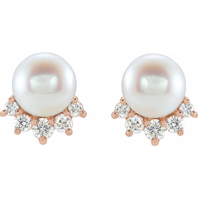 14K White Or Yellow Or Rose Gold 4.5-5.0 Mm Friction Backs Polished Cultured White Freshwater Pearl And .08 Ctw Natural Diamond Earrings