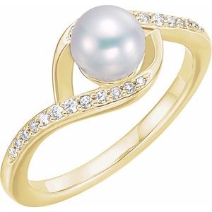 14K Yellow Gold  6.0-6.5 Mm Cultured White Freshwater Pearl And 1/8 Ctw Natural Diamond Bypass Ring Size 7