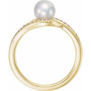 14K Yellow Gold  6.0-6.5 Mm Cultured White Freshwater Pearl And 1/8 Ctw Natural Diamond Bypass Ring Size 7