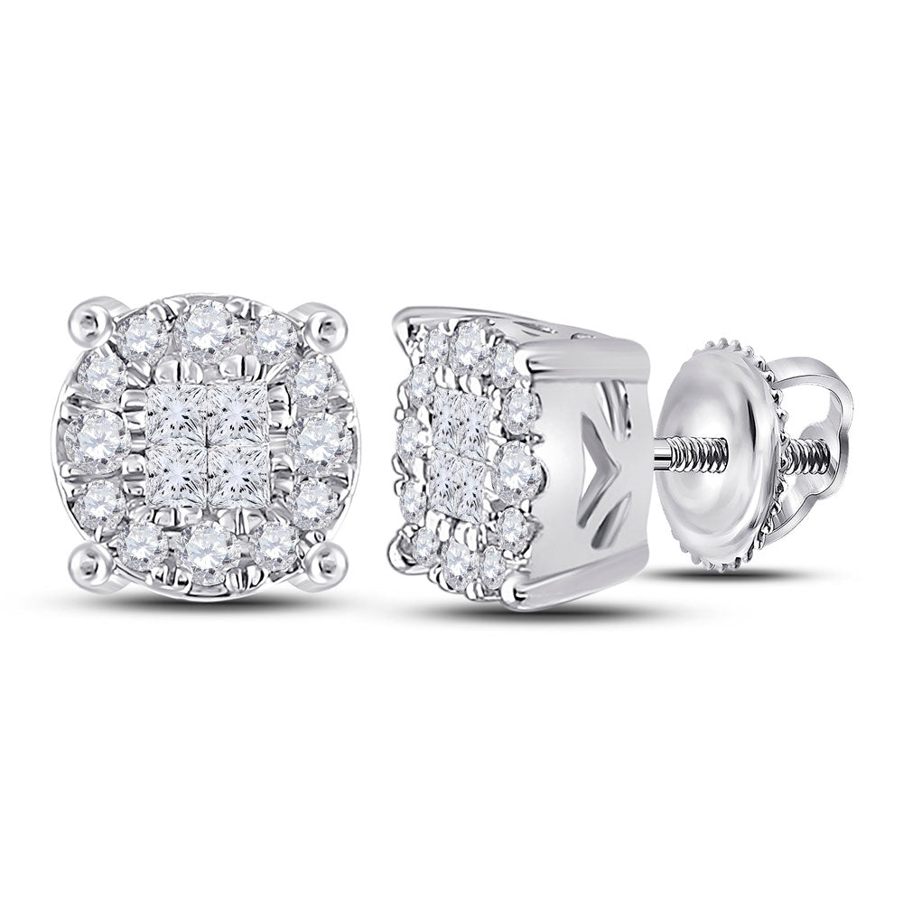 14K White Or Yellow Gold Womens Princess Diamond Fashion Cluster Earrings