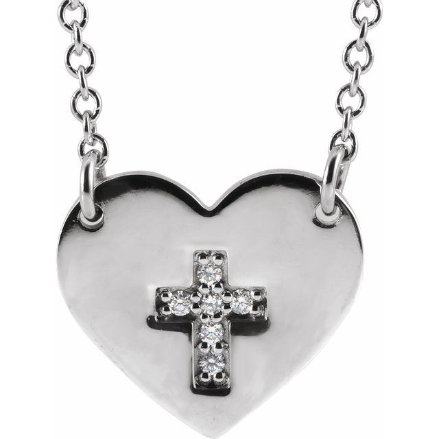 Sterling Silver Round .9Mm I1, G-H 16-18 In Polished Heart With .02 Ctw Natural Diamond Cross Necklace
