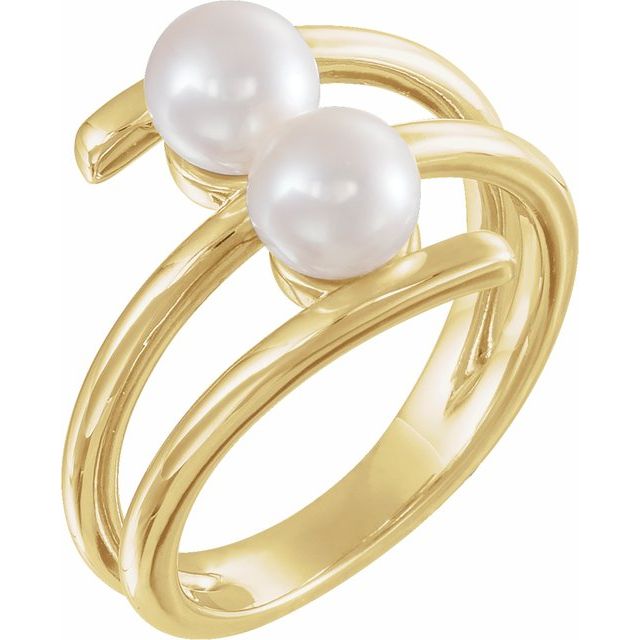 14K Yellow Gold 5.5-6.0 Mm Polished Cultured White Freshwater Pearl 2-Stone Ring, Size 7