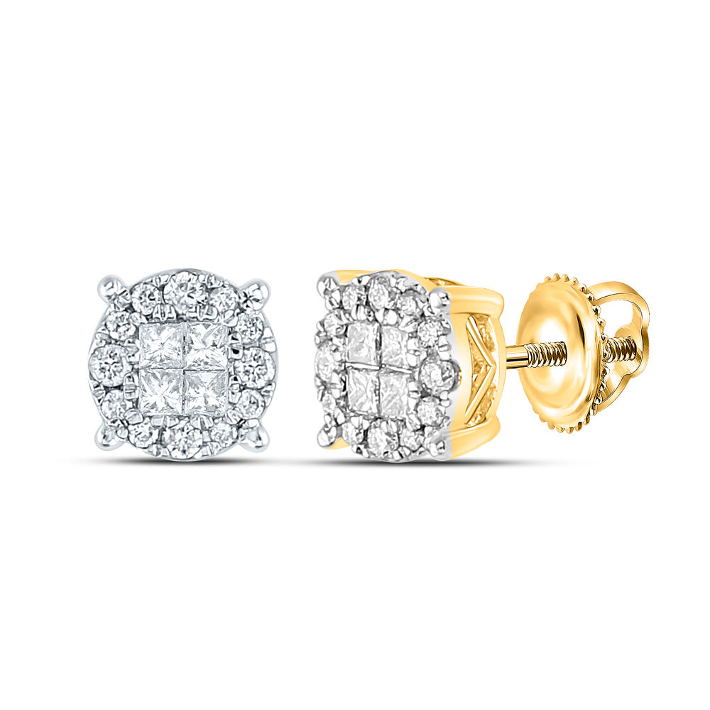14K Yellow Gold Womens Princess Round Diamond Cluster Earrings 1/2 Cttw, Length: 0.35 In, Width: 0.35 In