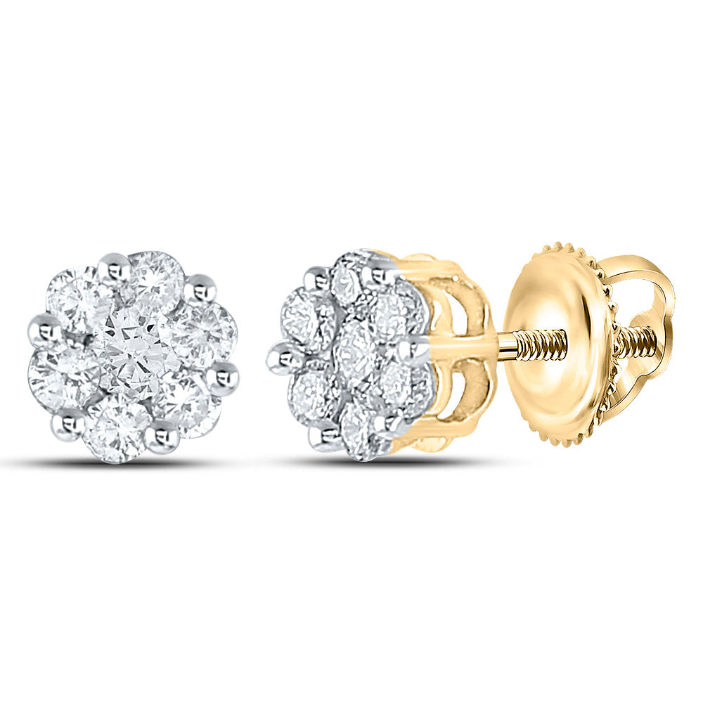 10K White Or Yellow Gold Womens Round Diamond Flower Cluster Earrings