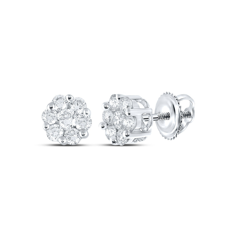 10K White Or Yellow Gold Womens Round Diamond Flower Cluster Earrings
