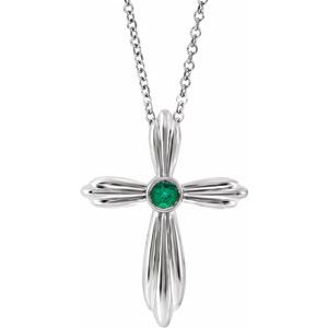 14K White Gold Round 2.5 Mm Lab-Grown Emerald Cross Necklace, Length: 18 In