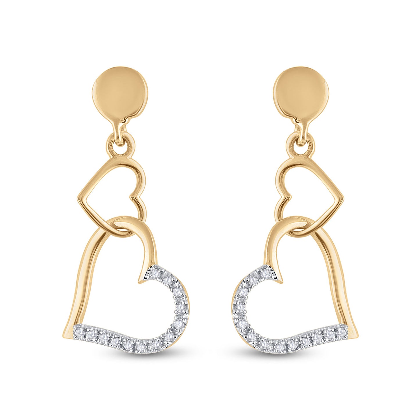 14K Yellow Gold Womens Round Diamond Heart Dangle Earrings 1/10 Cttw