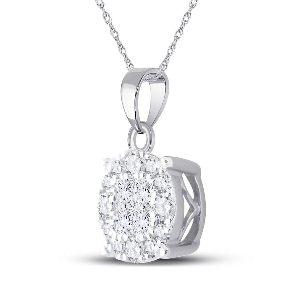 14K White Gold Womens Princess Diamond Fashion Cluster Pendant 1/2 Cttw, Length: 0.54 In, Width: 0.32 In