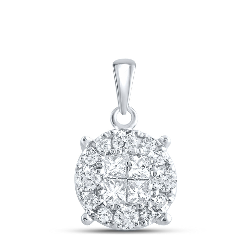 14K White Gold Womens Princess Diamond Fashion Cluster Pendant 1/2 Cttw, Length: 0.54 In, Width: 0.32 In