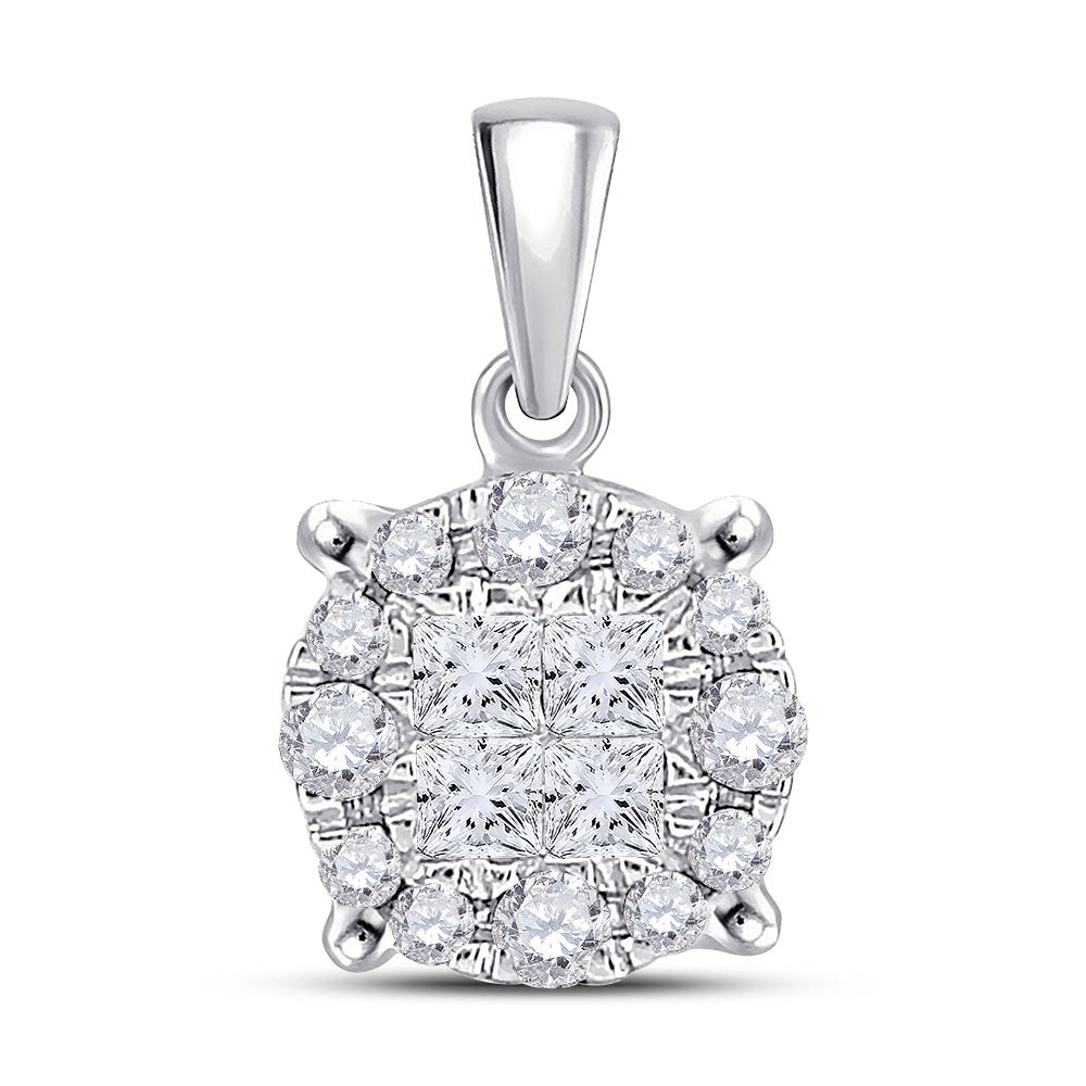 14K White Gold Womens Princess Diamond Cluster Pendant 1/4 Cttw, Length: 0.51 In, Width: 0.28 In