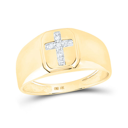 10K Yellow Gold Mens Round Diamond Cross Band Ring 1/20 Cttw, Mens Size: 7-13