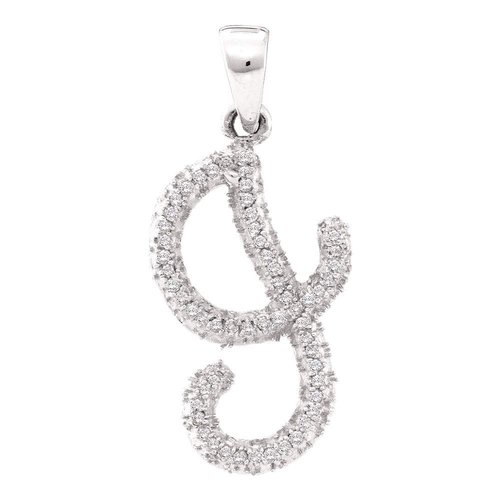 10K White Gold Womens Round Diamond Cursive Letter Pendant