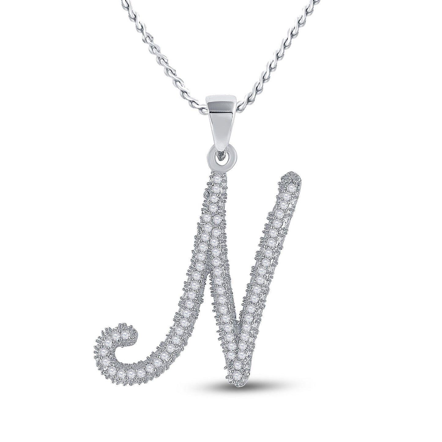 10K White Gold Womens Round Diamond Cursive Letter Pendant