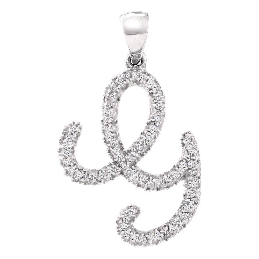 10K White Gold Womens Round Diamond Cursive Letter Pendant