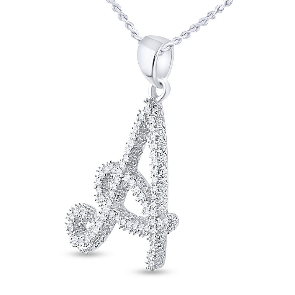 10K White Gold Womens Round Diamond Cursive Letter Pendant