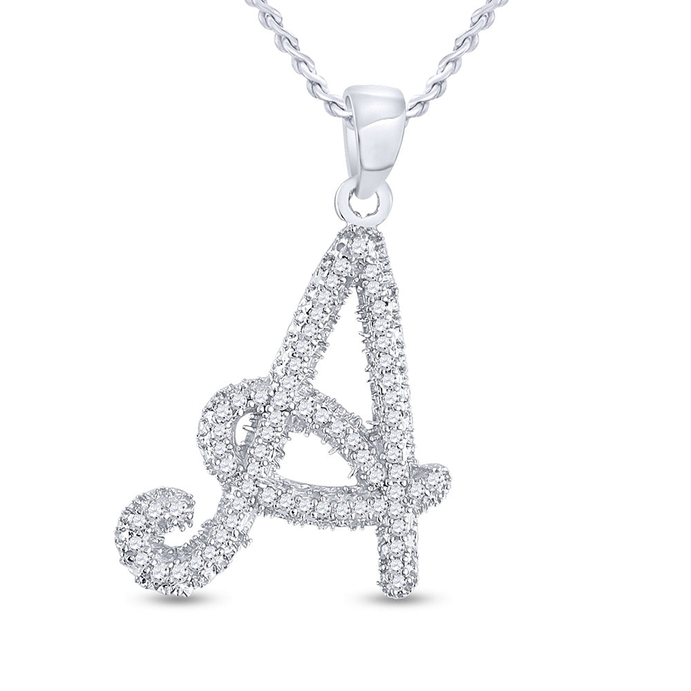 10K White Gold Womens Round Diamond Cursive Letter Pendant