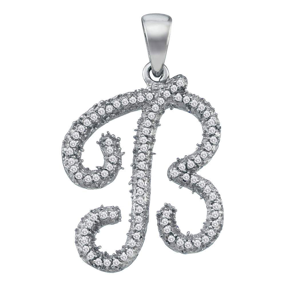 10K White Gold Womens Round Diamond Cursive Letter Pendant