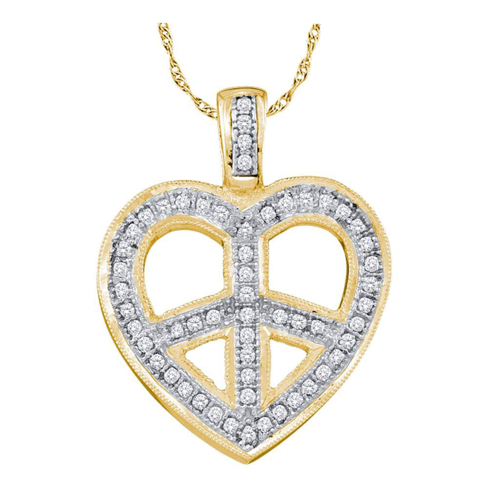 10K Yellow Gold Womens Round Diamond Heart Peace Sign Pendant 1/6 Cttw